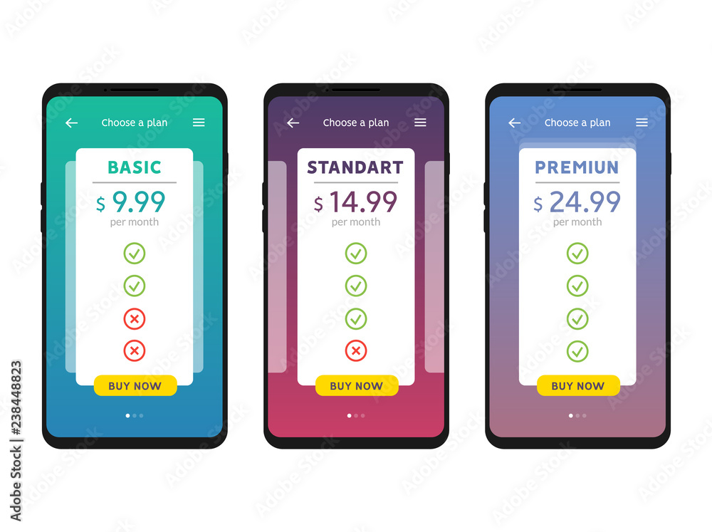 Tariff plans mobile Ui interface for web apps template Stock ...