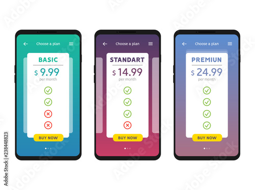 Tariff plans mobile Ui interface for web apps template