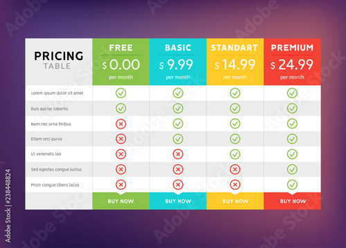 Pricing table design for business. Price plan web hosting or service. Table chart comparison of tariff