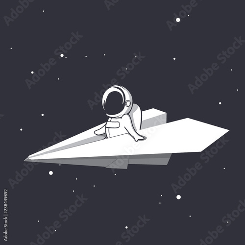 an astronaut flies on a paper airplane