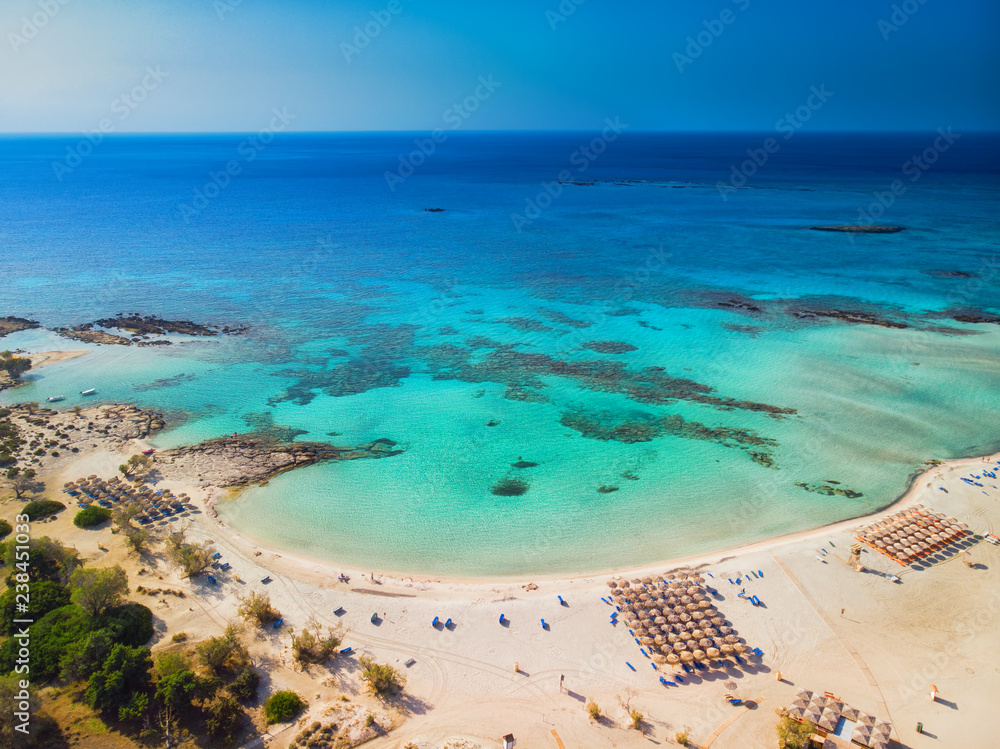 Aerial view of Elafonissi beach on Crete island with azure clear water, Greece, Europeof Elafonissi beach on Crete island with azure clear water, Greece, Europe