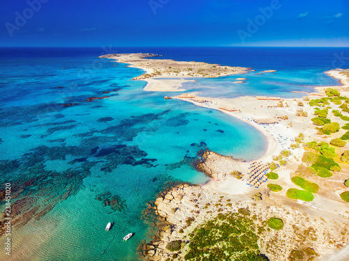 Aerial view of Elafonissi beach on Crete island with azure clear water, Greece, Europeof Elafonissi beach on Crete island with azure clear water, Greece, Europe photo