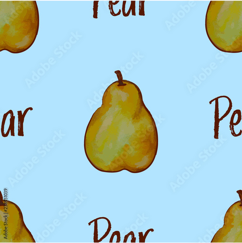 Seamless pattern with watercolor pears on the blue background.