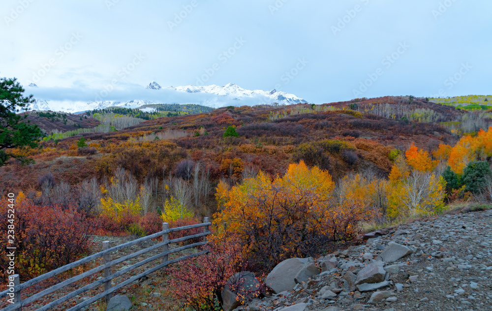 Brilliant fall colors at sunset below snowy mountain ranges Brilliant fall colors at sunset below snowy mountain ranges