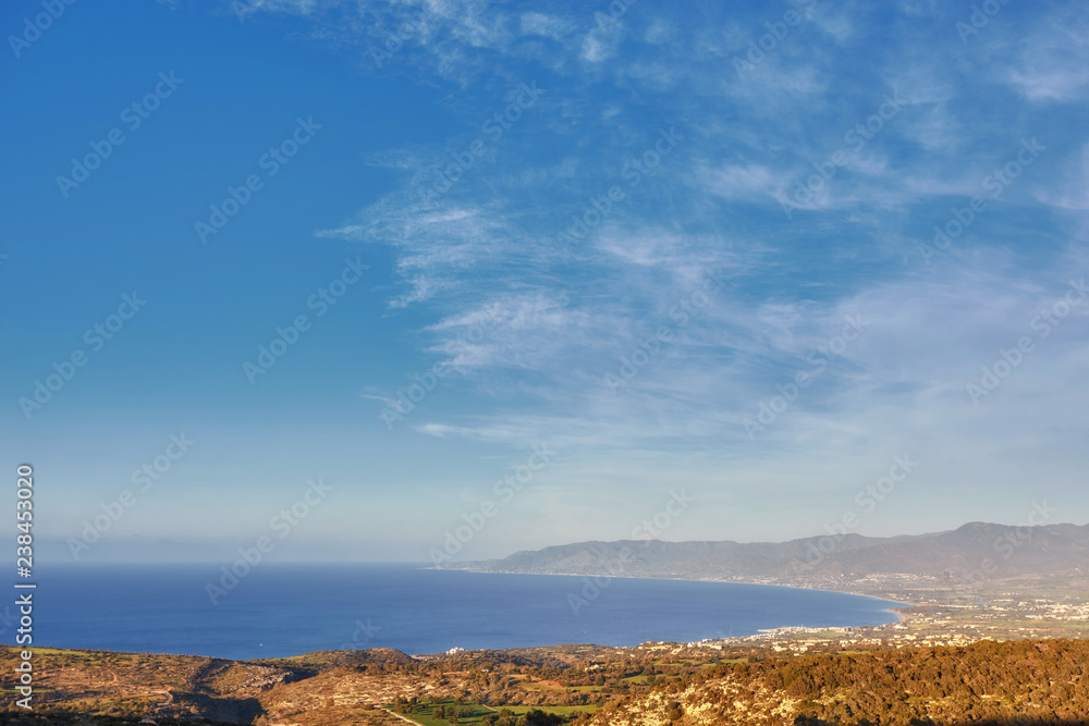 Looking across a campsite towards Chrysohou Bay, Laatchi, Polis and the Akamas Peninsula, Paphos, Cyprus.