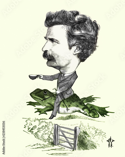 Restored reproduction with added colorization of caricature of Mark Twain. Original scanned from: Cartoon Portraits, Biographical Sketches, Men of the Day. The Illustrations of Waddy. Published 1873. photo