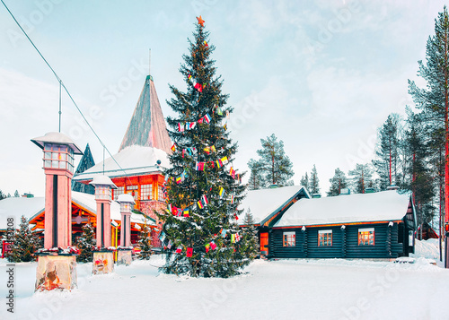 Christmas tree and Santa Claus Village in Rovaniemi in Lapland