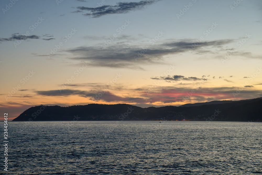 Mediterranean sea coast at sunset, Alassio, Liguria, Italy 