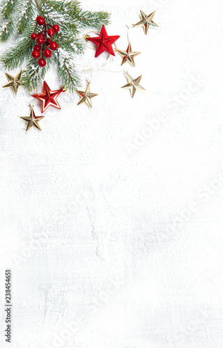 Christmas tree branches red decoration white background