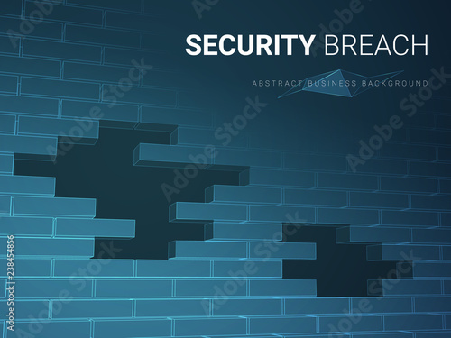 Abstract modern business background vector depicting security breach in shape of a brick wall with holes on blue background.