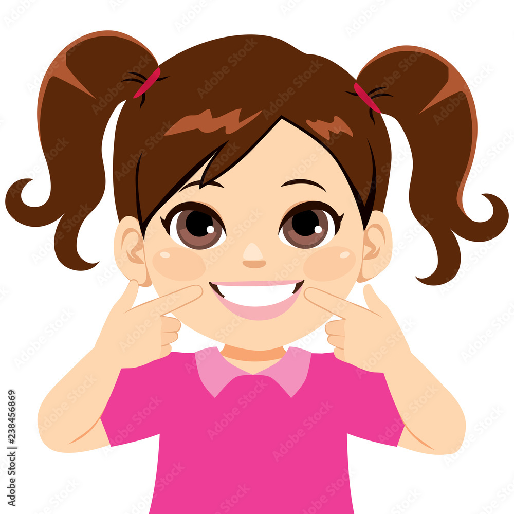 Young happy sweet little girl smiling showing her white smile pointing fingers at teeth Young happy sweet little girl smiling showing her white smile pointing fingers at teeth