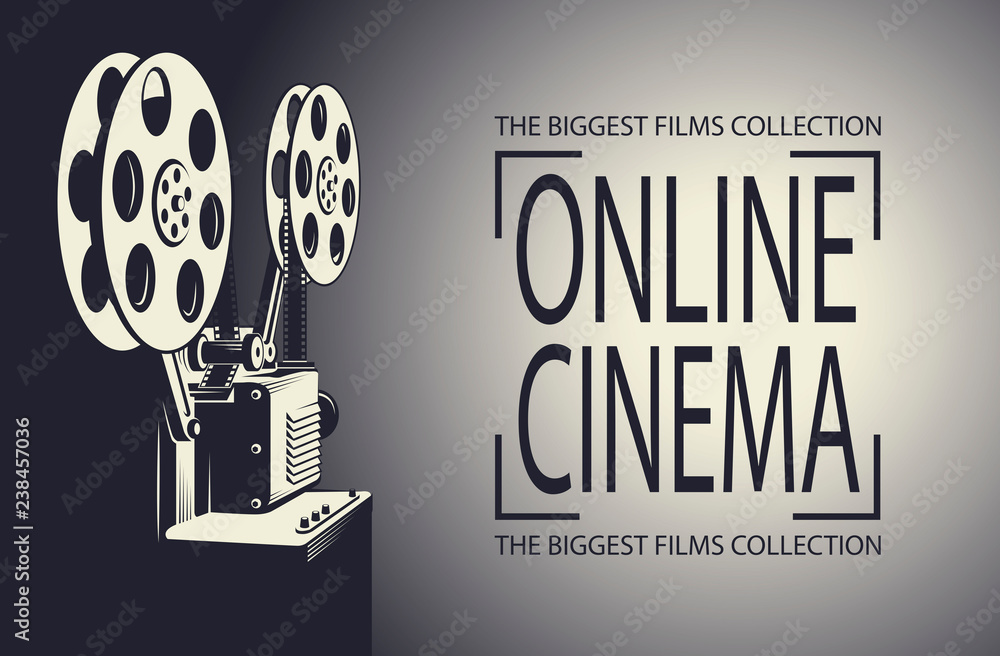Naklejka premium online cinema poster with retro film projector background