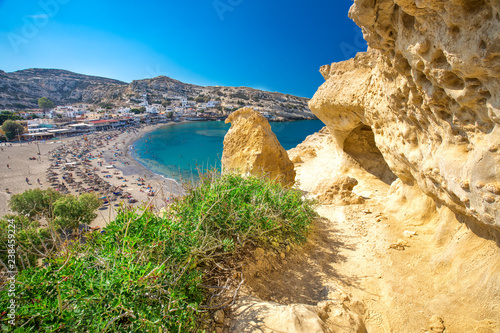 Fototapeta Naklejka Na Ścianę i Meble -  Matala beach on Crete island with azure clear water, Greece, Europe