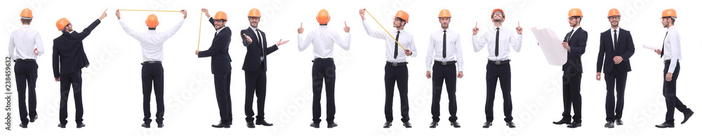 panoramic photo collage of confident architect isolated on white panoramic photo collage of confident architect isolated on white