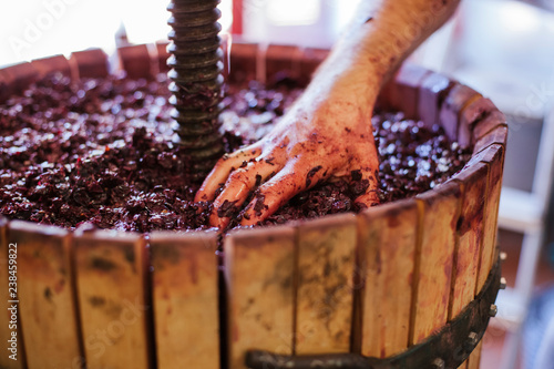 Cropped hand of male vintner making wine in cask at factory