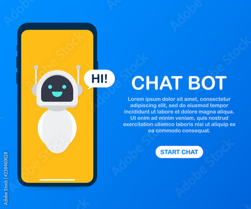 Chatbot banner concept. Horizontal business banner template with illustration of man chatting with chat bot in smartphone. Vector illustration.