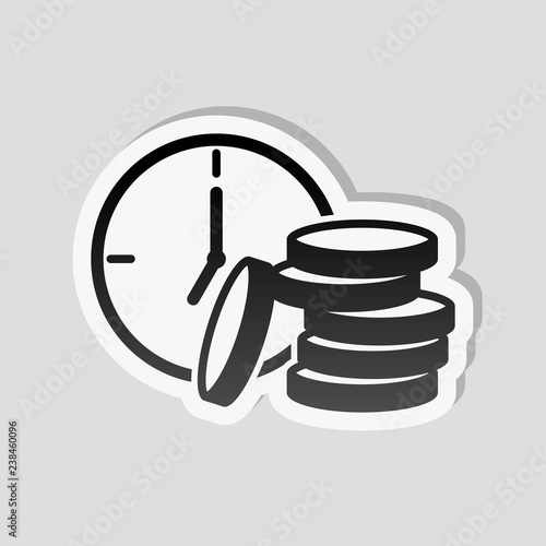 Time is money. Clock and coin stack. Finance icon. Sticker style