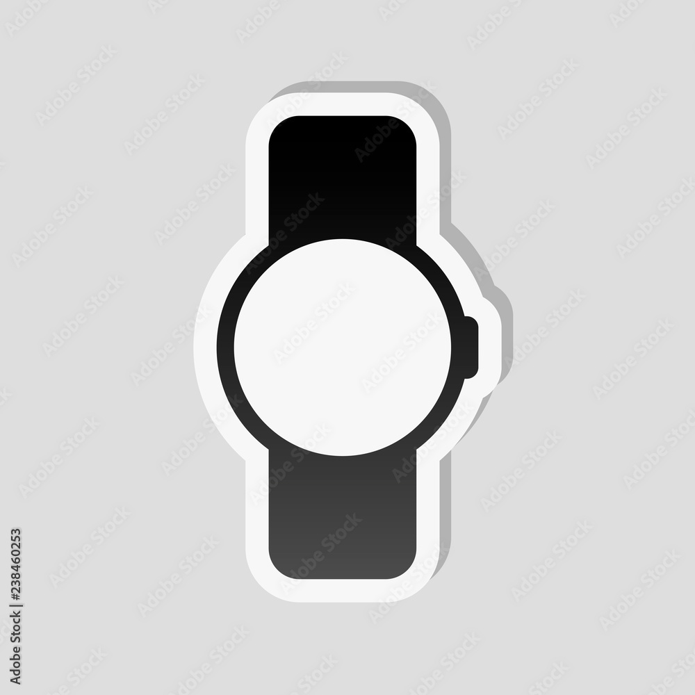 Hand smart watch with round display. Technology icon. Sticker st Hand smart watch with round display. Technology icon. Sticker st