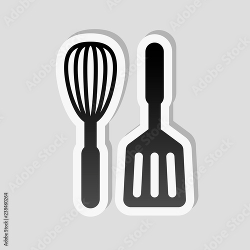 Kitchen tool icon. Whisk and spatula. Sticker style with white b