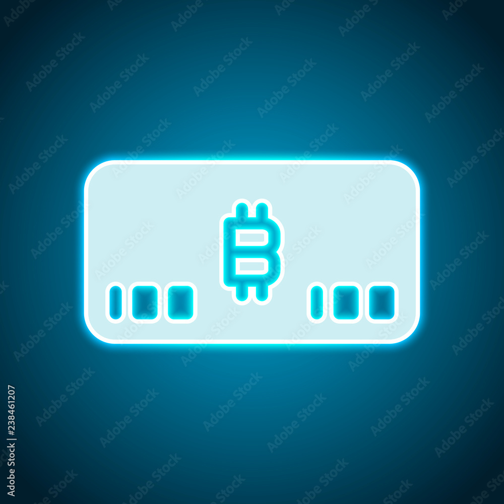 Electronic money icon. Bitcoin card. Neon style. Light decoratio Electronic money icon. Bitcoin card. Neon style. Light decoratio