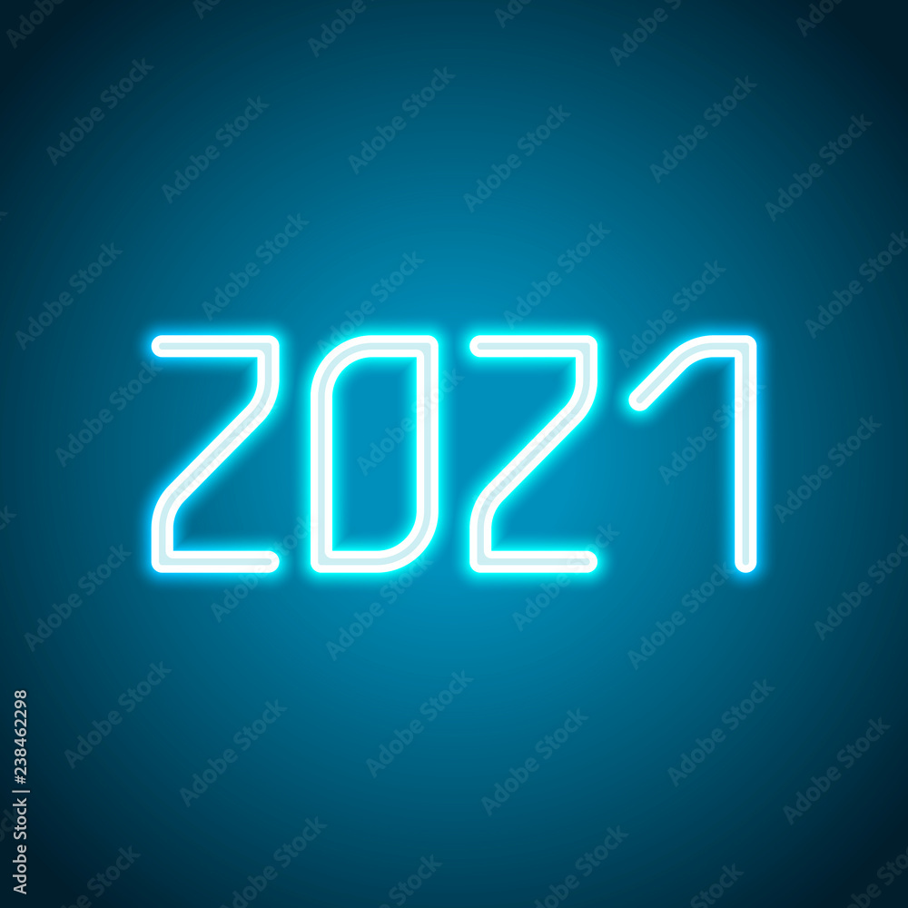 2021 number icon. Happy New Year. Neon style. Light decoration i