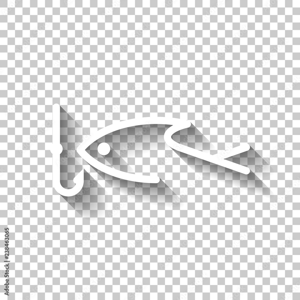 Fishing logo, fish and hook. One line icon, linear symbol. White