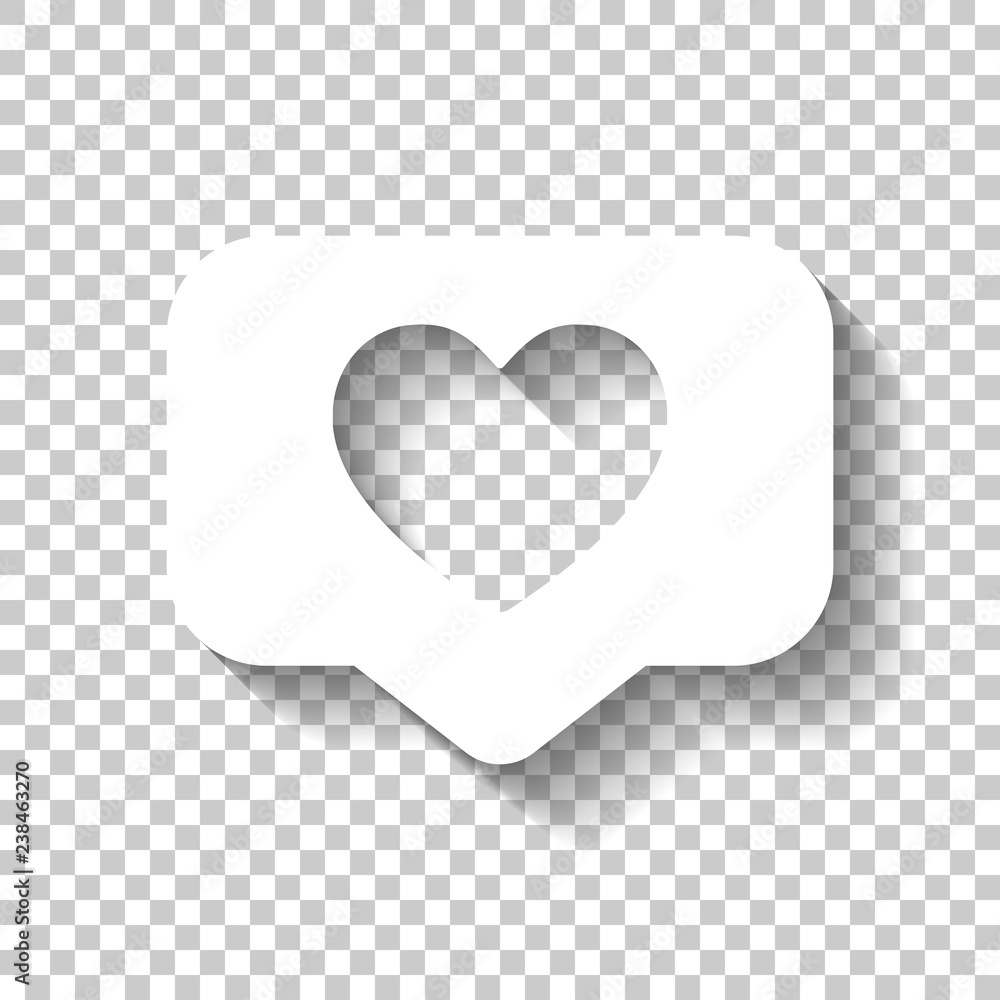 Like icon, heart in notification cloud, social symbol. White icon with shadow on transparent background