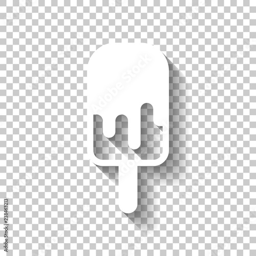 Ice lolly, eskimo on stick with chocolate, ice-cream. Simple icon. White icon with shadow on transparent background
