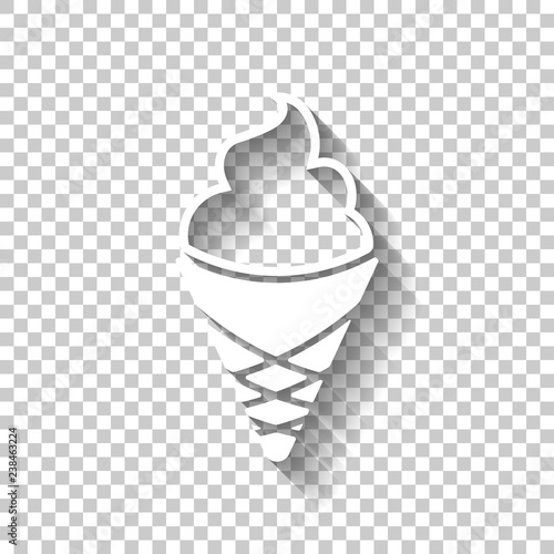 Ice cream in waffle cup. Simple icon. White icon with shadow on transparent background