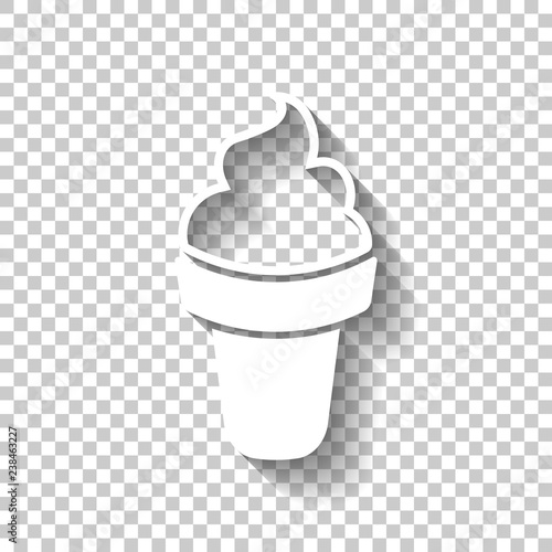 Ice cream in waffle cone. Simple icon. White icon with shadow on transparent background