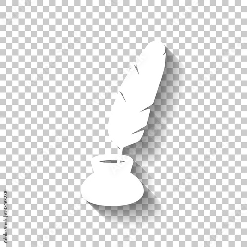Ink and feather, sign of author. Simple icon. White icon with shadow on transparent background