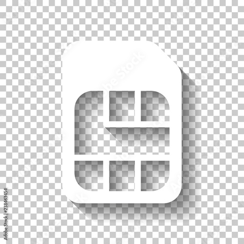 Electronic sim card, plastic mobile chip for cellphone. Simple icon. White icon with shadow on transparent background