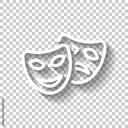 Smile and sad masks, comedy and drama theater, opposite emotions. Linear outline icon. White icon with shadow on transparent background