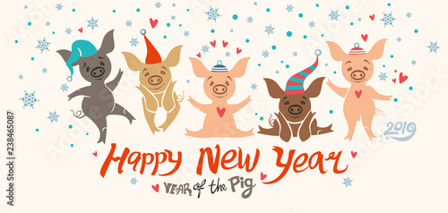 Christmas card with five cute cartoon pigs in holiday hats. Funny pigs dancing on the background of snowflakes and hearts. Happy New Year! Year of the Pig 2019. 