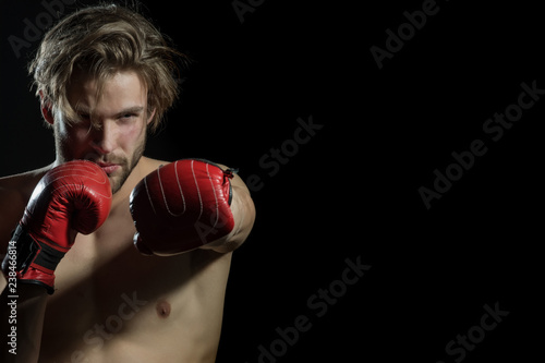 The battle. Professional boxer fighthing isolated in black background. Portrait of boxer posing in studio in gloves. Boxing man ready to fight. Boxer with strong hands in boxing gloves © Tverdokhlib