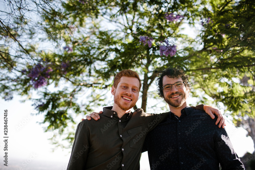 Low angle portrait of happy handsome brothers with arms around standing against trees at park Low angle portrait of happy handsome brothers with arms around standing against trees at park