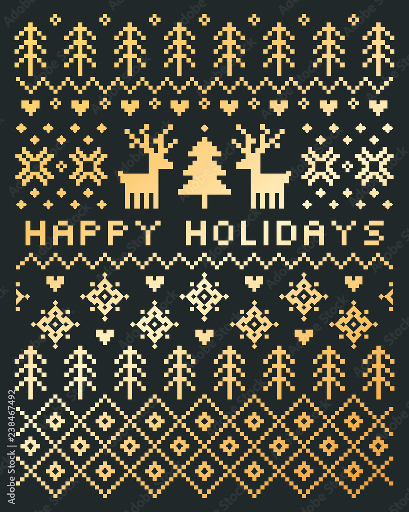 Vector Scandinavian style Happy Holidays card in gold and charcoal gray with reindeer, trees, snowflakes and hearts. Portrait format pixel design with text greeting for cards, posters and flyers. Vector Scandinavian style Happy Holidays card in gold and charcoal gray with reindeer, trees, snowflakes and hearts. Portrait format pixel design with text greeting for cards, posters and flyers.