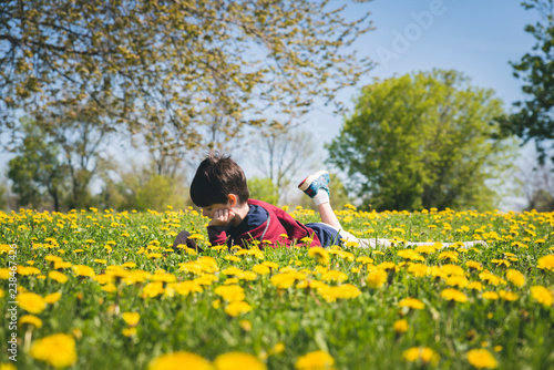 Side view of boy lying amidst yellow flowering plants on field at park during sunny day photo