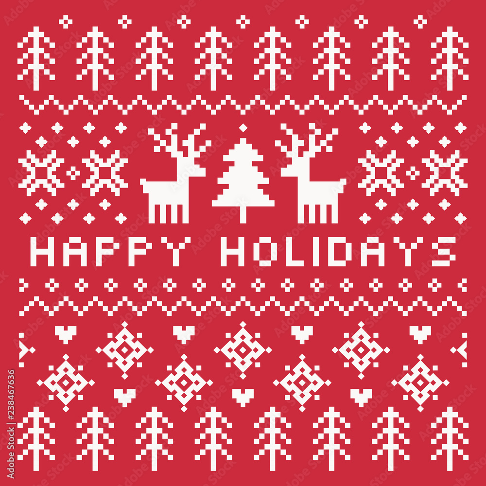 Vector Scandinavian style Happy Holidays card in red and cream with reindeer, trees, snowflakes and hearts. Square format pixel design with text greeting for cards, posters and flyers.