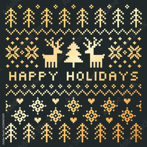 Vector Scandinavian style Happy Holidays card in gold and charcoal gray with reindeer, trees, snowflakes and hearts. Square format pixel design with text greeting for cards, posters and flyers.
