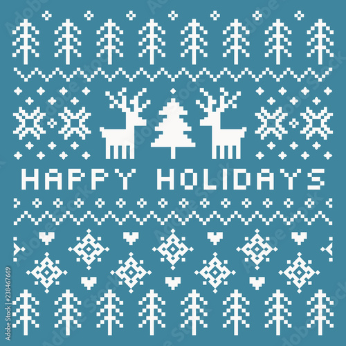 Vector Scandinavian style Happy Holidays card in teal and cream with reindeer  trees  snowflakes and hearts. Square format pixel design with text greeting for cards  posters and flyers.