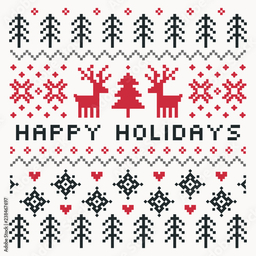 Vector Scandinavian style Happy Holidays card in red, cream and charcoal with reindeer, trees, snowflakes and hearts. Square format pixel design with text greeting for cards, posters and flyers.