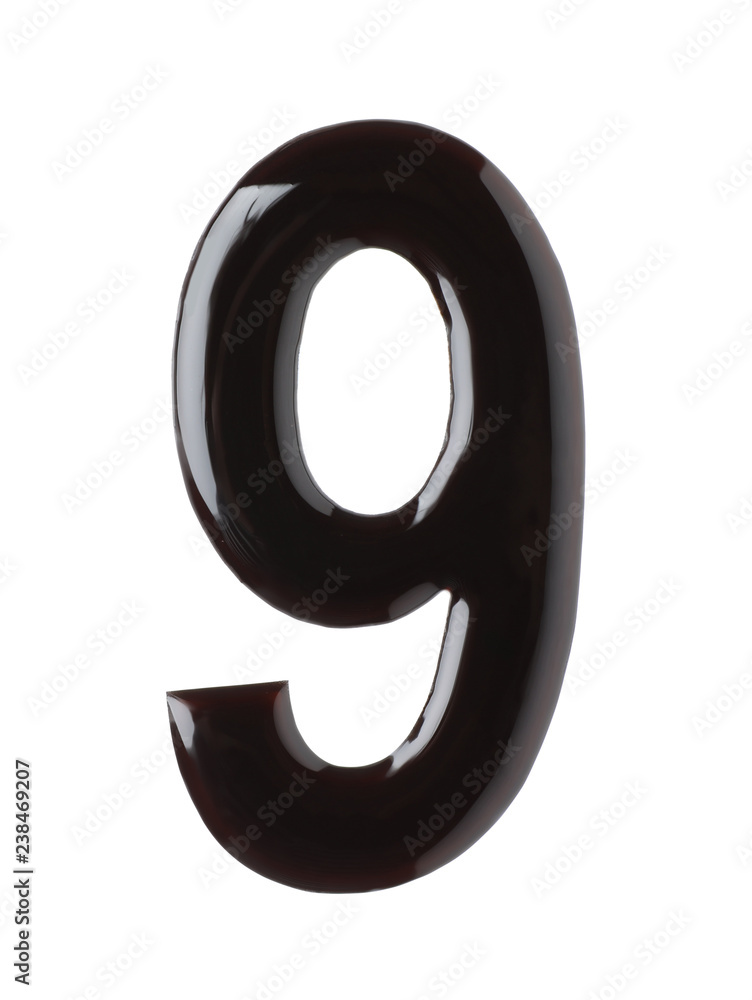 Chocolate number 9 on white background, top view Chocolate number 9 on white background, top view