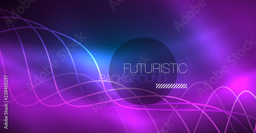 Glowing abstract wave on dark, shiny motion, Christmas and New Year magic space light. Techno abstract background