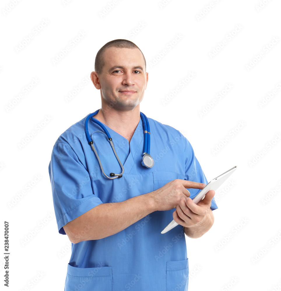 Portrait of medical assistant with stethoscope and tablet on white background Portrait of medical assistant with stethoscope and tablet on white background