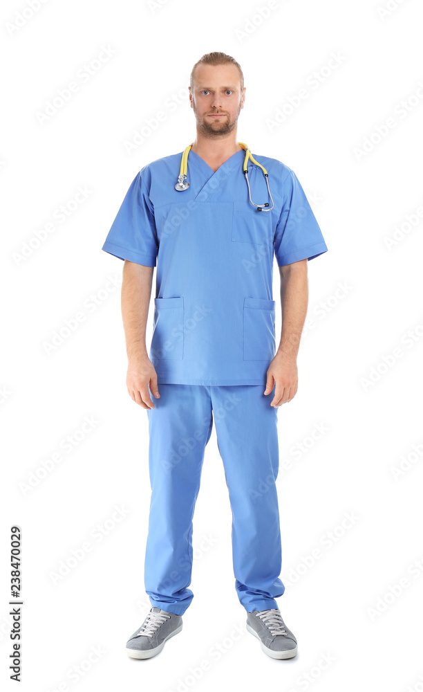 Full length portrait of medical assistant with stethoscope on white background Full length portrait of medical assistant with stethoscope on white background