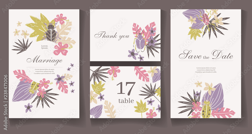 Ready wedding card template. Beautiful tropic plants and bugs. V