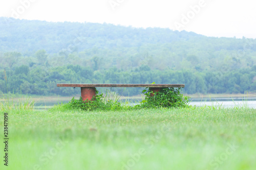 Relax with a green field and a cement bench in the park. © jojokrap