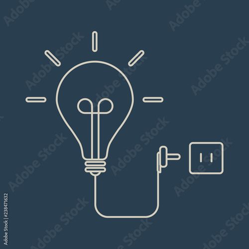 Creative light bulb and plug. Graphic design idea of bulb light with cord electrical plug connected to power socket. Vector.