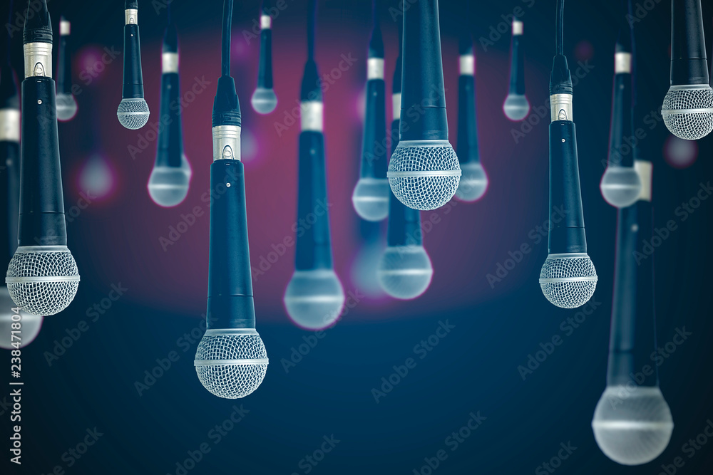 Indoor hanging microphone and line support on a blue background. Indoor hanging microphone and line support on a blue background.